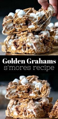 golden graham s'mores recipe is stacked on top of each other