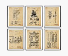 four framed drawings of steam engines