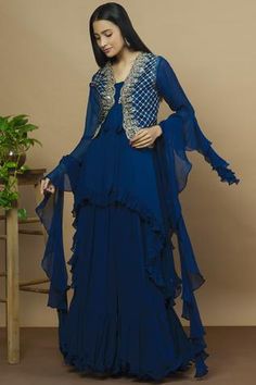 Shop for Aksh Blue Embroidered Jacket Skirt Set for Women Online at Aza Fashions Ruffle Dupatta, Asymmetric Kurta, Sleeveless Kurta, Scallop Border, Skirt Ruffle, Hem Skirt, Embroidered Jacket, Short Jacket, Set For Women