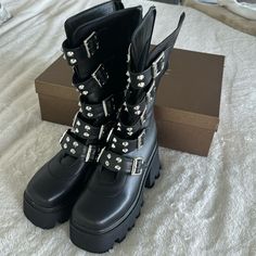 Woman’s Size 7 Brand New Never Worn In Original Box. Fun Boots For Costume Or Going Out Punk Style Moto Boots With Zipper, Punk Moto Boots With Zipper Closure And Round Toe, Edgy Fall Platform Boots For Concert, Edgy Platform Boots With Buckle Closure And Round Toe, Edgy Chunky Platform Boots With Square Toe, Alternative Style Boots With Zipper Closure And Round Toe, Edgy Black Platform Boots With Zipper, Edgy Black Platform Boots With Zipper Closure, Punk Leather Martin Boots With Chunky Platform