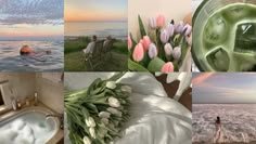 a collage of pictures with people in the water, flowers and bathtubs