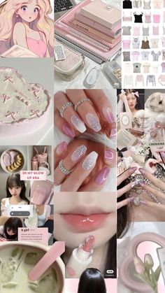 a collage of photos with pink and white nail polishes on top of them