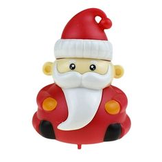 a red and white santa clause toy sitting in front of a white background with an orange stripe