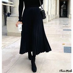 Olivia Mark - Solid Color Pleated Midi Skirt - Stylish High Waisted A-line Skirt Black Pleated Midi Skirt, Brown Outfit, Half Skirt, Long Sleeve Sequin, Irregular Hem, Pleated Midi Skirt, Types Of Skirts, Olivia Mark, A Line Skirt