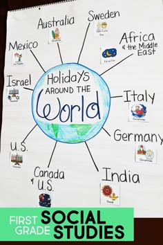 a white board with words and pictures on it that say,'first grade studies around the world '