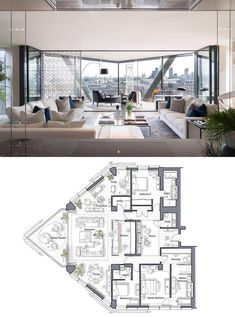 the floor plan for this modern apartment is shown in black and white, with lots of windows