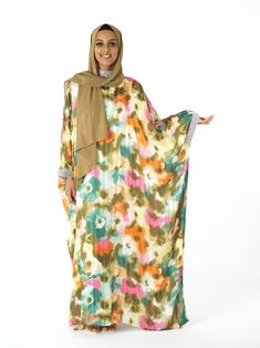 Zohra Olive tone silk chiffon kaftan abaya Kabayare Floor-length Silk Kaftan With Floral Print, Silk Kaftan With Floral Print And V-neck, Luxury Chiffon Maxi-length Abaya, Chiffon Kaftan, Olive Tone, Bohemian Floral Print Floor-length Kaftan, Kaftan Abaya, Multicolor Floral Print Floor-length Kaftan, Blossom Design