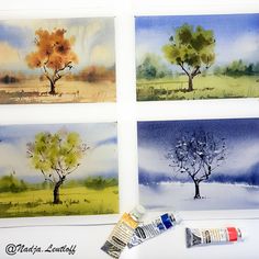 four watercolor paintings of trees in different colors