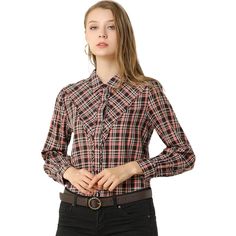 This plaid long sleeve shirt is the perfect combination of casual and cute. Soft woven fabric, in a black and red plaid pattern, shapes this comfy and cute shirt that has a collared neckline and long sleeves with buttoned cuffs. An absolutely essential shirt that is perfect for dressing up or down. Perfect to pair with jeans for a smart-casual look. Model is wearing size XS. Please check your measurements to make sure the item fits before ordering. Peter Pan Collar Shirt, Office Shirt, The Office Shirts, Polka Dot Shorts, About Women, Long Sleeve Plaid Shirt, Satin Shirt, Long Sleeve Plaid, Women Skirts Midi