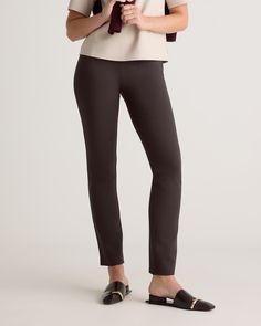 Meet the straight cut version of our favorite ponte pants. Feels like a yoga pant but with the classic look of your favorite straight legged pants. A flattering design and silhouette, these pants are equally comfy and versatile. Plus, the 4-way stretch you'd usually see in squat-proof leggings makes these appropriate for any setting. Also offered in sizes 1X-3X.  | Quince | Women's Ultra-Stretch Ponte Straight Leg Pants in Espresso, Size Small, Rayon Straight Legged Pants, Squat Proof Leggings, Black Minimal, Silk Cami, Ponte Pants, Yoga Pant, Silk Tank, Squat Proof, Straight Cut