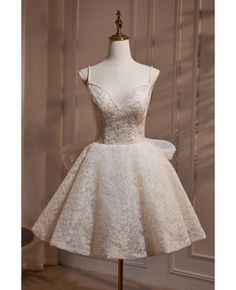 Get 10% off now! Buy retro ivory vneck lace short wedding dress backless with big bow in back at cheap price online. Free stable shipping and pro custom service since 2009. Short Princess Dress, Elegant Homecoming Dresses, Winter Wedding Venues, Tulle Sleeves, Lace Prom Dress, Sequin Prom Dresses, Short Prom Dress, Lace Short, Short Prom