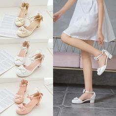 Mid Heels Sandals, Fairy Shoes, White Sandals Heels, Mid Heel Sandals, Double Bow, Low Heel Shoes, Career Dress, Fashion Korean, Heels Sandals