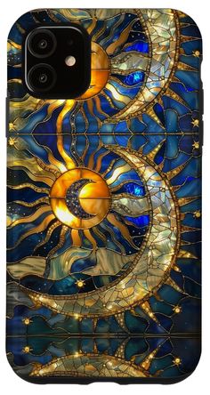 the sun and moon are depicted in this stained glass phone case, which features an intricate design