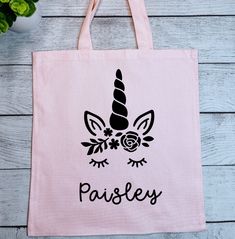 Pink Canvas School Bag, Cute End Of School Year Gift Bag, Personalized Pink Bag For Daycare, Cute Personalized Daycare Bag, Fun Pink Personalized Bags, Personalized Pink Fun Bag, Cricut Bags Canvas Totes Kids, Unicorn With Flowers, Playful Unicorn Print Bags For Everyday Use