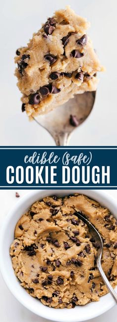 cookie dough in a white bowl with a spoon and text overlay that reads edible space cookie dough