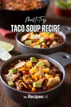 two skillets filled with taco soup on top of a wooden table