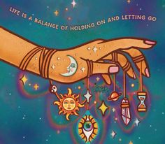 a drawing of a person's hand with sun and moon charms hanging from it