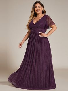 Plus Size V-Neck Glittery Short Sleeves Formal Evening Dress with Empire Waist #color_Purple Wisteria Plus Size Maid Of Honor Dress, Purple Dress Outfits, Plus Size Evening Dress, Dancesport Dresses, Basket Diy, Maid Of Honour Dresses, Brown Dresses, Purple Prom Dress, Formal Evening Dress