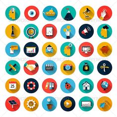 various flat icons with long shadows in the middle - miscellaneous objects / items are grouped together