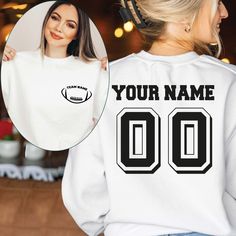 Custom Football Sweatshirt, Football Team Name Sweat, Personalized Game Day Gifts, Custom Soccer Sweatshirt, School Football Team Name Sweat 👉HOW TO ORDER👈 1️⃣  Choose your T-shirt color 2️⃣  Choose your T-Shirt size 3️⃣  Choose your design & text color 4️⃣ Need more Items? Add the current item in the cart. And If you like to add more items to your order please press the back button and repeat steps 1-3 again. 5️⃣Once all your desired items are in your cart you may complete your order by enter White T-shirt With Ribbed Cuffs For College, White Long Sleeve Sweater For Game Day, White Crew Neck Sweater For Game Day, White Crew Sweatshirt For Sports Events, White Crew Neck Sweatshirt For Sports Season, White Crew Neck Sweatshirt For Sports Events, White Crew Neck Sweater For Sports Season, White Tops With Ribbed Cuffs For Sports Season, White Crew Neck Sweatshirt With Team Name