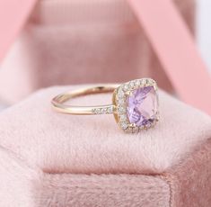 Vintage Natural Amethyst Ring Lavender Amethyst Halo Ring | Etsy Purple Cushion Cut Diamond Rings, Purple Diamond Cushion Cut Rings, Lavender Prong Setting Fine Jewelry Rings, Wedding Yellow Gold Amethyst Ring With Halo Setting, Cushion Cut Purple Jewelry For Wedding, Purple Cushion Cut Jewelry For Wedding, Lavender Diamond Ring With Center Stone For Anniversary, Cushion Cut Amethyst Ring With Prong Setting For Gift, Cushion Cut Amethyst Ring With Prong Setting