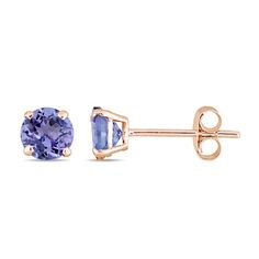 Pique her interest with these gemstone stud earrings. Crafted in 14K rose gold, each vivid earring features a 5.0mm violet-purple tanzanite solitaire. Buffed to a brilliant luster, these post earrings secure comfortably with friction backs. Tanzanite Studs, Rose Gold Earrings Studs, Tanzanite Earrings, Tanzanite Stone, Rose Gold Studs, Peoples Jewellers, Solitaire Studs, Gemstone Stud Earrings, Tanzanite Gemstone