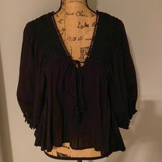 Ee:Some Black Babydoll Style Cotton Top. Wonderful Details. Crochet Style Lace On Front & Back. Tassel Tie In Front. Size Small. Nwt. Black V-neck Blouse For Beach, Black V-neck Beach Blouse, Black Cotton Vacation Blouse, Black Cotton Blouse For Vacation, Cottagecore Blouse, Pink Lace Tops, Black Babydoll, Velvet Tunic, Rayon Blouse