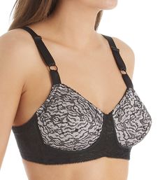 This beautiful floral lace bra offers strong support with tall sides, side seam boning and non-stretch straps. Made of nylon/spandex. Multi-part, fiberfill-lined, wireless cups support and shape breasts without adding bulk. Floral lace jacquard knit cups stretch two ways for better fit. Cups are made with compressed fiber to maintain shape after washing. Horizontal cup seaming forms a slightly conical shape, while vertical center seams give lift. Full coverage neckline. Sewn-on elastic underband Spaghetti Strap Bodysuit, Pink Lace Bra, Lacy Bra, Fashion Forms, Support Bra, Sewing Tags, Womens Bras, Support Bras, Jacquard Knit