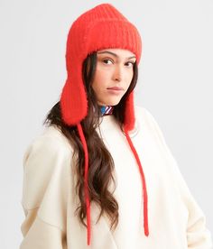 Free People Timber Fuzzy Trapper Hat - Red , Women's Hollyberry Ribbed eyelash knit hat Adjustable tie One size fits most. 50% Acrylic 50% Nylon. Hand wash warm water. Only non-chlorine bleach when needed. Lay flat to dry. Do not iron. Do not dry clean. Apparel & Accessories > Clothing Accessories > Hats Trendy Adjustable Crochet Hat For Winter, Adjustable Red Hat For Cold Weather, Red Bonnet For Winter, One Size Fits Most, Red Winter Bonnet, One Size Fits Most, Red Winter Bonnet (one Size Fits Most), Berry Buckle, Free People Hat, Winter Inspo, Trapper Hat