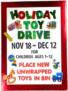 holiday toy drive sign with children's toys in bins on the front and back