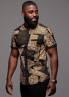 Our unique Olu Button-Up in Black Brown Geometric is perfect for the modern man interested in looking stylish while incorporating African print. Shop D'IYANU today! African Print Shirts For Men, African Print Shirt, Dashiki Shirt, Nigerian Men Fashion, Men's Shirts And Tops, African Wear Styles For Men, Latest African Men Fashion, African Dresses Men, African Shirts For Men