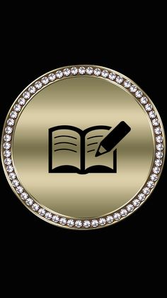 a gold button with an open book and diamond trimmings in the center, on a black background