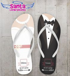 wedding flip flops with the bride and groom in tuxedo on them, standing next to each other