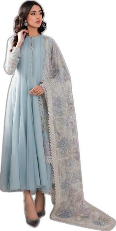 Blue Chiffon Silk Suit Anarkali Dress at PinkPhulkari California Elegant Cutdana Salwar Kameez Maxi Length, Elegant Georgette Churidar With Cutdana, Elegant Maxi Length Salwar Kameez With Cutdana, Bollywood Style Georgette Anarkali Set With Sheer Dupatta, Elegant Maxi Length Cutdana Dupatta, Blue Semi-stitched Lawn Suit For Reception, Eid Churidar With Sheer Dupatta In Maxi Length, Semi-stitched Salwar Kameez With Lace Work, Wedding Unstitched Chiffon Suit With Dupatta