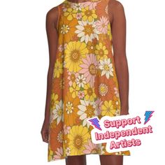 Loose-fit, mid-length sleeveless dress with silky handfeel. Printed on both sides. Machine washable. Size range XS-2XL. Retro 60s inspired floral pattern with lots of daisies and dahlias in colors of cream, rusty red, orange, pink, and yellow, on a vintage green background. Retro Sleeveless Spring Dresses, Retro Sleeveless Dresses For Spring, Retro A-line Summer Dress, Yellow Retro Print Summer Dress, Yellow Dresses With Retro Print For Summer, Spring Sleeveless Mod Dress, Retro Print A-line Mini Dress, Summer A-line Mod Mini Dress, Mod A-line Mini Dress For Summer