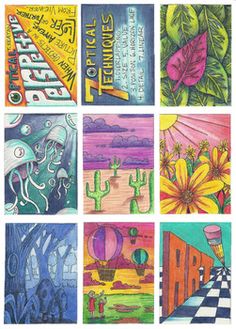 an art project with colored pencils and watercolor on paper, depicting different scenes