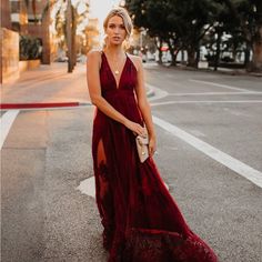 Fits True To Size Lace V-neck Gown For Prom, V-neck Lace Evening Dress For Prom Season, Red V-neck Evening Dress For Prom, V-neck Lace Prom Gown, Red V-neck Evening Dress For Summer, Chic Floor-length V-neck Wedding Dress, Red V-neck Wedding Dress, Red Lace Maxi Dress For Prom, Summer Prom V-neck Gown