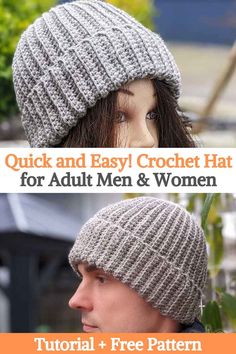 a woman wearing a knitted hat with the words quick and easy crochet hat for