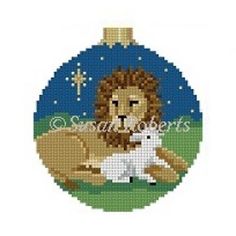 Lion and Lamb Ornament Painted Canvas Susan Roberts Needlepoint Designs Inc. Christmas Canvases, Lamb Ornament, Needlepoint Christmas Ornaments, Elizabeth Bradley, Travel Ornament, Lion And Lamb, Nutcracker Ornaments, Needlepoint Christmas, Snowman Ornament