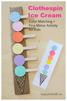 an ice cream themed craft with popsicles and paper circles on it, next to a printable color matching activity for kids