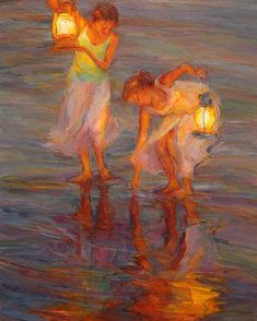 an image of two people in the water with lights on and one person holding a lantern