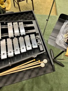 an assortment of musical instruments in a case on a green carpeted flooring area