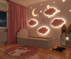 a child's room decorated in pink and white with stars, clouds, and an elephant rug