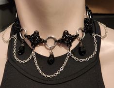 "Byzantine Diamond weave chainmail choker is made with 3/16\" ID 18g Black and 5/16\" ID 16g, 1/2\" ID 14g Bright aluminum jump rings, 3 black teardrop glass beads, and about 2ft of 4mm chain with a barrel clasp. Choker length 16in (41cm), can be adjusted some for fit" Gothic Chainmail Metal Jewelry, Gothic Chainmail Jewelry Gift, Gothic Metal Chainmail Choker, Medieval Black Metal Necklace, Medieval Style Black Metal Necklace, Black Gothic Chain Choker, Elegant Black Chainmail Jewelry, Black Gothic Choker With Chain, Adjustable Black Chainmail Jewelry