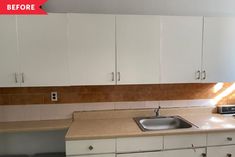 an empty kitchen with white cabinets and brown tile on the counter top, before and after remodeling