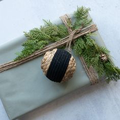 a wrapped present with pine cones and twine