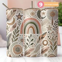 three decorative candles with different designs on them and the number 9 in front of them