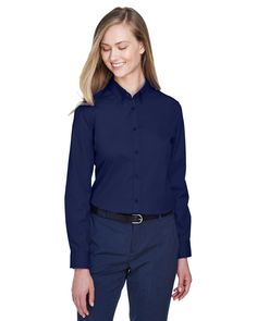 Ladies' Operate Long-Sleeve Twill Shirt - CLASSIC NAVY - S | CORE365 Women's Operate Long-Sleeve Twill Shirt in Classic Navy Blue Size Small Long Sleeve Work Shirt, Professional Event, Twill Shirt, How To Look Classy, Office Outfits, Color Khaki, Calgary, Cotton Twill, Women Long Sleeve