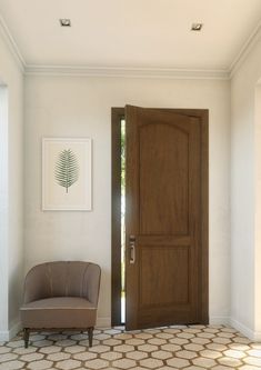 a chair sitting in front of a wooden door