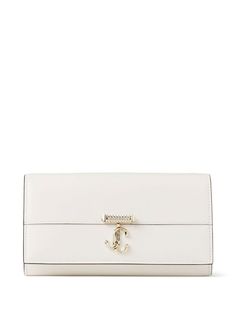 Avenue leather chain wallet from JIMMY CHOO featuring milk white, leather, matte finish, faux-pearl embellishment, crystal embellishment, gold-tone logo plaque, contrasting trim, detachable shoulder strap, foldover top with magnetic fastening, main compartment and internal zip-fastening pocket. Chain Wallet, Crystal Embellishment, Wallet Chain, Leather Chain, Contrast Trim, White Leather, Jimmy Choo, Faux Pearl, Gold Tones